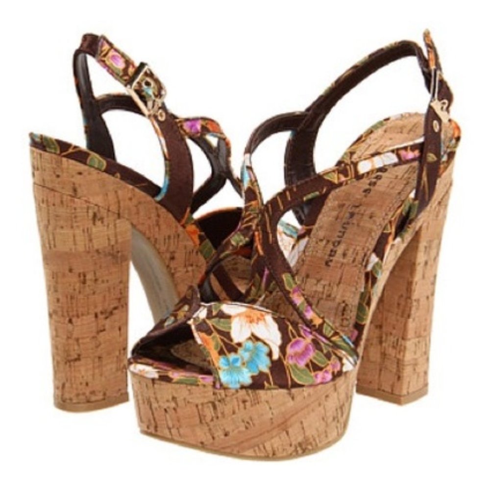 CHINESE LAUNDRY Brown Floral Cork Platform Heel